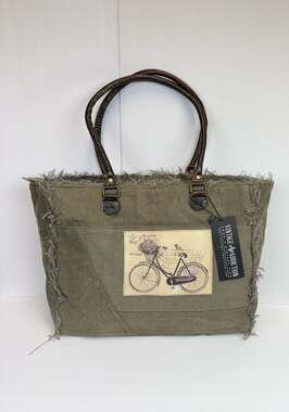 Vintage Addiction Upcycled Canvas Tote Bag with Bicycle Print